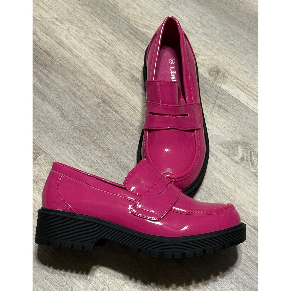 Link Kids Hot Pink Patent Penny Loafers Chunky Lug Sole Platform Shoes Size 2